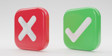 3D render Checkmark and X mark icon set. Checkmark right symbol, tick sign. check and uncheck for web and mobile apps. 3D rendering illustration.