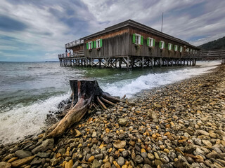 Tree trunk on the beach in the water a building. Bathing establishment of Bregenz