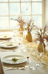 Table escape with dried flowers. Muted tones and natural, modern table setting.