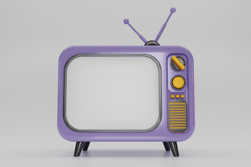 3D render purple Vintage Television Cartoon style isolate on white background. Minimal Retro TV. Purple analog TV with copy space.  Old TV set with antenna. 3d rendering illustration.