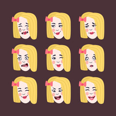 Set of woman's emotions. Facial expression. Girl Avatar. Illustration of a flat design, Vector format