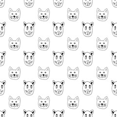 Black outline funny cats seamless pattern in doodle style. Vector stock illustration. Hand drawing line art image.
