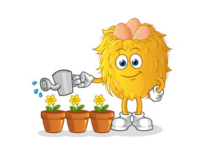 bird nest watering the flowers mascot. cartoon vector