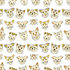 Funny cats seamless pattern in doodle style. Orange vector stock illustration. Hand drawing pets line art image.