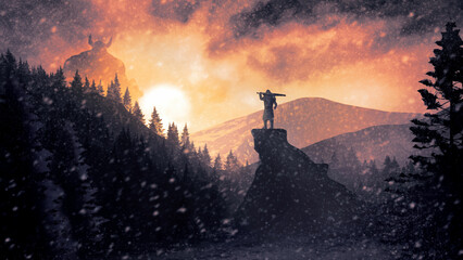 Winter fantasy landscape with rocky terrain, bright sun and coniferous forest. A fabulous scene with clouds and a snowstorm, with a giant behind the mountains and a warrior standing on a stone upland. - obrazy, fototapety, plakaty