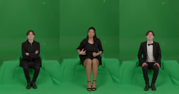 GREEN SCREEN CHROMA KEY Front view of female woman spectators wearing formal attire watching performance on stage. Crowd replication for theater, opera, ballet. Unkeyed chairs to keep shadows