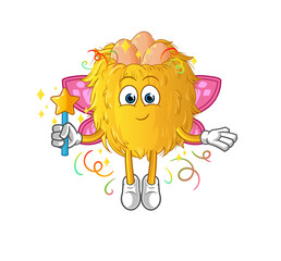 bird nest fairy with wings and stick. cartoon mascot vector