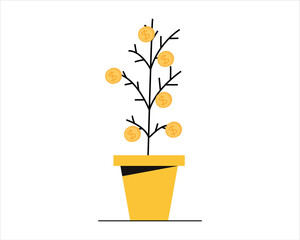 A coin tree in a pot. A plant with gold coins. Vector illustration