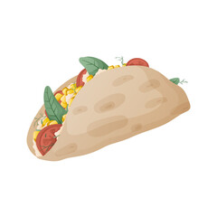 Mexican tacos flatbread with corn, herbs and tomatoes, vector isolated illustration.