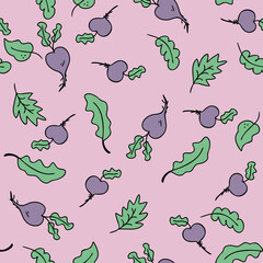 Hand drawn seamless pattern with vegetables beets and salad leaves. Perfect for T-shirt, textile and print. Doodle vector illustration for decor and design.
