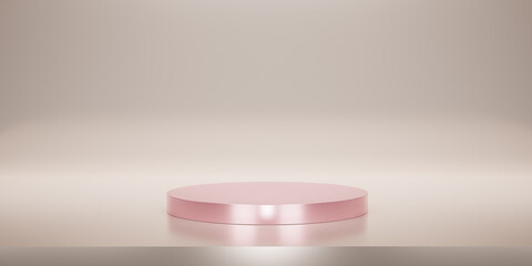 Shiny pink round pedestal or podium on cream studio backdrops. Metallic pink or rose gold  Blank display or clean room for showing product. Minimalist mockup for podium display. 3D rendering.