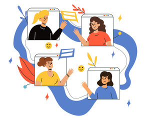 People communicate via video communication. Modern contactless communications. Vector illustration