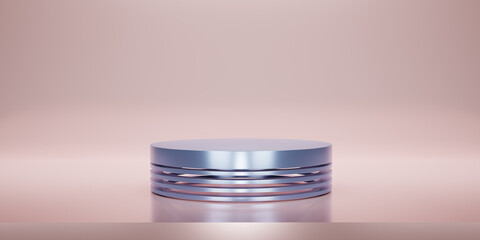 Shiny blue round pedestal or podium  on pink studio  backdrops. Blank display or clean room for showing product.Copy space for texts. Minimalist mockup for podium display or showcase. 3D rendering.