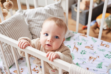 Baby 6 months standing in crib in children's room. Happy motherhood and fatherhood. Maternity...