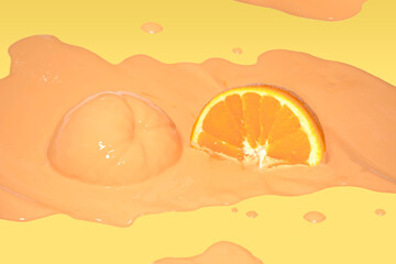 Orange in sauce or juice, cut orange in half, parts of orange on orange background, orange juice spilled on the base and part of orange