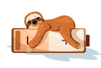 Lazy Sloth Needs Battery. Vector Illustration. Brown color.
