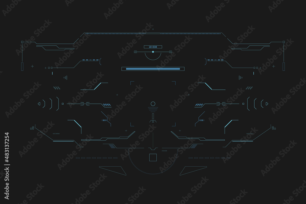 Aufkleber HUD Futuristic Technology Interface Screen Elements Panel Set Vector. Abstract Virtual Cyber Control Display Pack For Game App UI Illustration