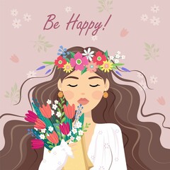 Be happy. Beauty, gift, love concept. Young woman girl with wreath cartoon hiding behind the bouquet of flowers tulips on pink background. womens day present illustration. March 8 Valentine's Day
