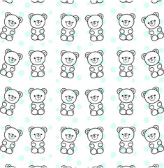Baby toys pattern. Teddy bear seamless background in hand drawn doodle style. Baby boy, kids design