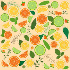 Vector illustration of citrus pattern with lime, lemon, grapefruit slices and leaves. Bright and juicy modern print for covers, wallpapers and other