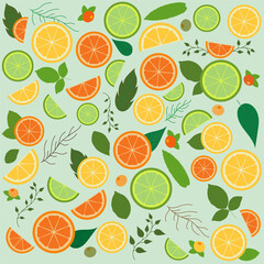 Vector illustration of citrus pattern with lime, lemon, grapefruit slices and leaves. Bright and juicy modern print for covers, wallpapers and other