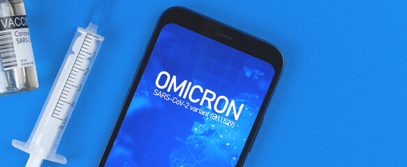 Banner, new variant of COVID-19 virus, Omicron B.1.1.529, coronavirus mutations. Medical table...