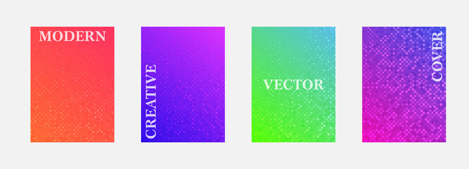 Vector halftone cover design templates. Layout set for covers of books, albums, notebooks, reports, magazines. Dot halftone gradient effect, modern abstract design. Planner and diary cover for print.