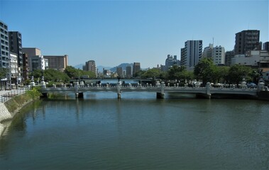 Saeuko-gawa River and Saruko-bashi Bridge viewed from Ekimae-ohashi Bridge in Hiroshima City in Hiroshima Pref. in Japan 日本の広島県広島市にある駅前大橋から眺めた猿猴川と猿猴橋