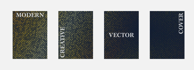Vector halftone cover design templates. Layout set for covers of books, albums, notebooks, reports, magazines. Dot halftone gradient effect, modern abstract design. Planner and diary cover for print.