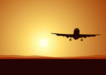 The contour of the aircraft against the backdrop of dawn. Design for advertising banner, poster, brochure or background. Vector illustration.