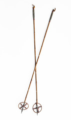 vintage bamboo ski poles isolated on white background