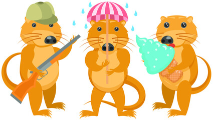 Set Abstract Collection Flat Cartoon Different Animal Muskrats, Desman Hunter With Gun, With Huge Ice Cream, With An Umbrella In The Rain Vector Design Style Elements Fauna Wildlife