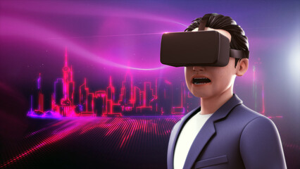 Man wearing virtual reality headset on light neon cityscape background. A young man wearing VR Headset experiencing 3D virtual reality. Technology multiverse concept. 3D rendering.
