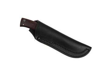 Modern hunting knife with silver blade and rubber handle. Steel arms. Isolate on a white back