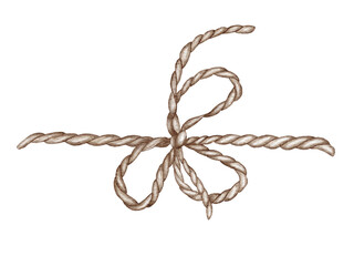 hand drawn rope with knot. Fibre bow Isolated on white background. Watercolor illustration