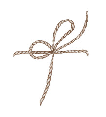 hand drawn rope with knot. Fibre bow Isolated on white background. Watercolor illustration