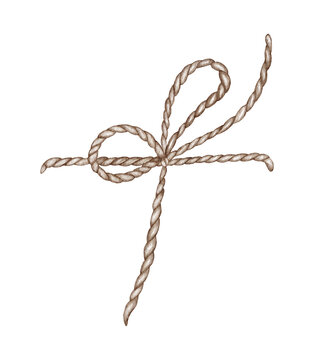 hand drawn rope with knot. Fibre bow Isolated on white background. Watercolor illustration