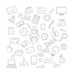 Start up rocket with business success .Doodle image. Stock Vector illustration.