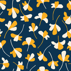 Casual abstract floral seamless repeat pattern. Random placed, vector plants with stem all over print background.