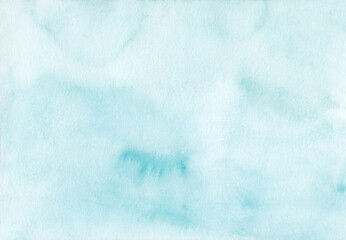 Watercolor pastel sea blue background texture. Light cyan blue stains on paper, hand painted. Liquid watercolour backdrop.