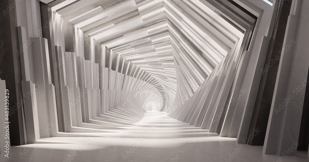 Poster 3d rendering. a corridor made of light marble with decorative elements on the wall extending into th