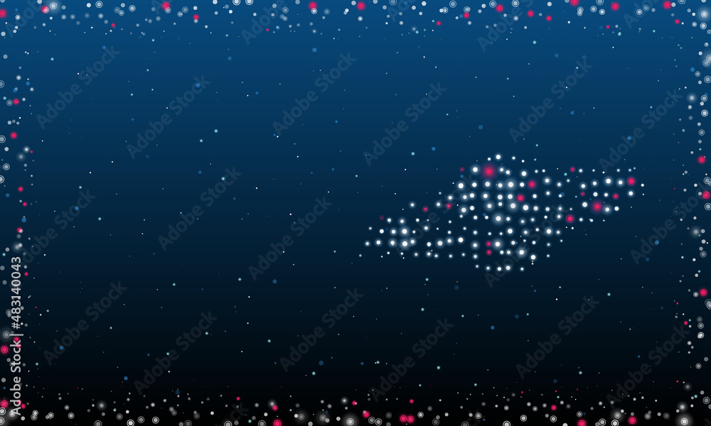 Poster on the right is the saturn symbol filled with white dots. pointillism style. abstract futuristic fra