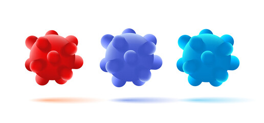 Set of isolated icons of Virus particle molecule. Pathogen organism. Deformed sphere in blue and red colors