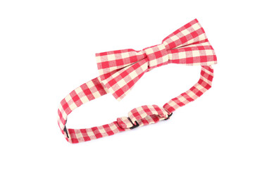 Stylish red gingham bow tie isolated on white