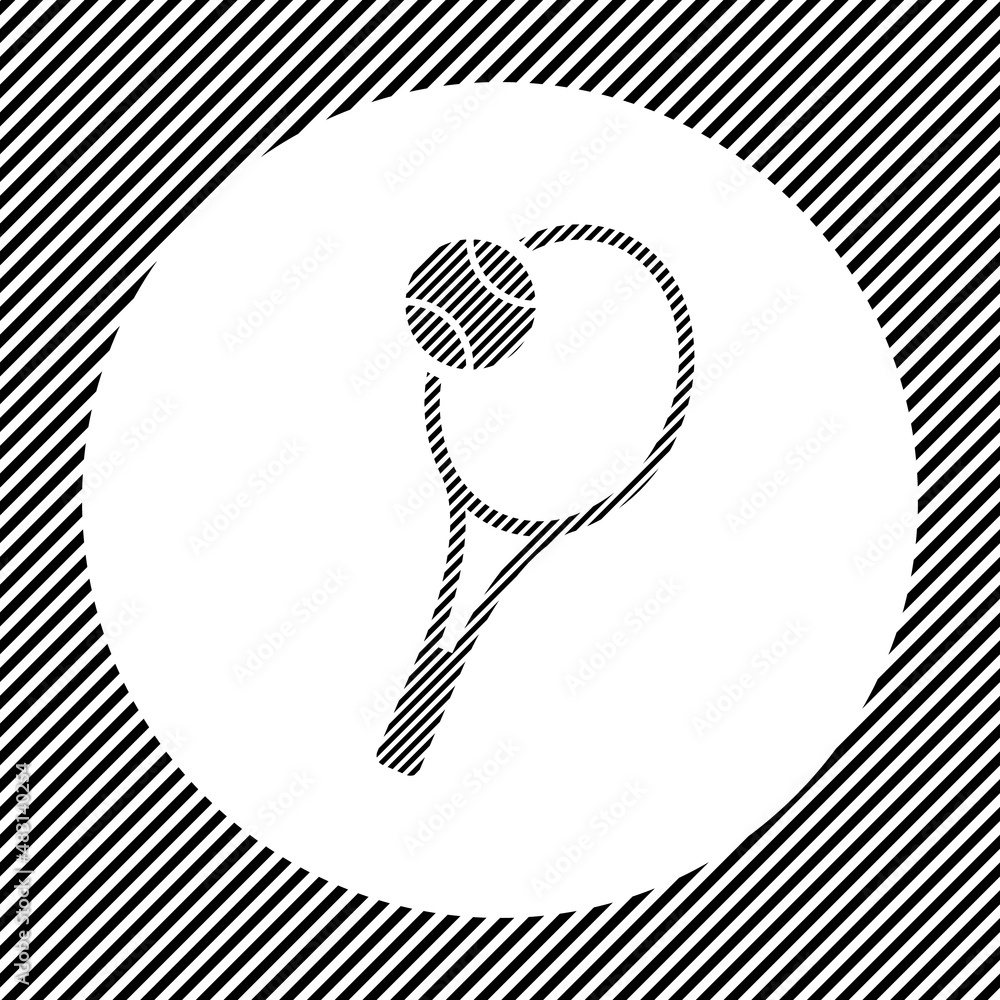Poster a large tennis symbol in the center as a hatch of black lines on a white circle. interlaced effect. 