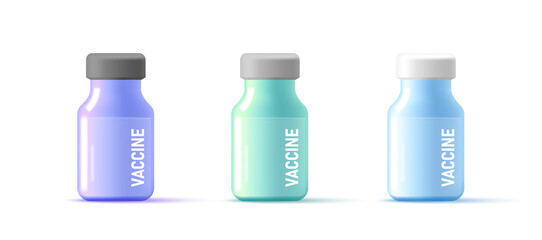 Set of medical vaccine bottles, 3d modern render style in different colors