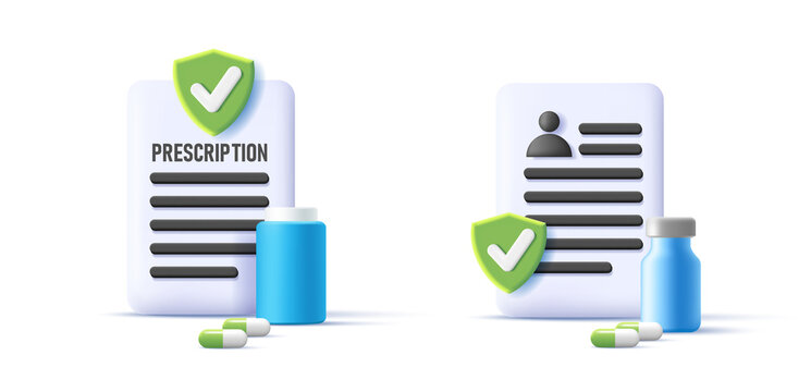 3d prescription rx with pills and medicines. Doctor's paper form, diagnosis, medical list with medications. The concept of prescribing a dose of pills, capsule