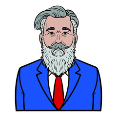 businessman with gray beard and blue suit. avatar comic isolated.