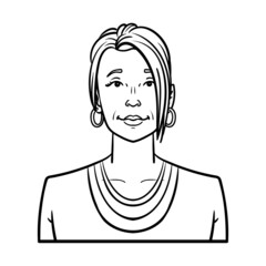 business woman with long hair and earrings. Monochrome avatar outline comic.