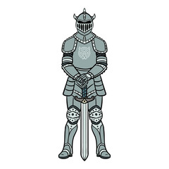Fototapeta na wymiar knight with sword. Comic outline vector.